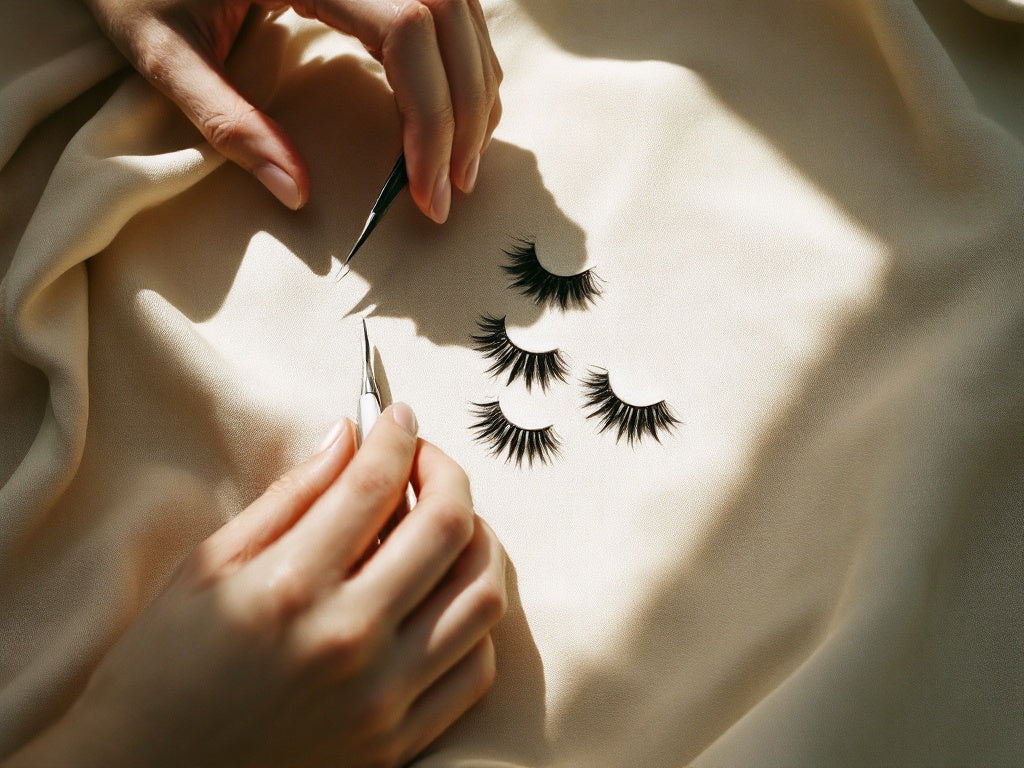 Faux cils autocollants pré-collés et pince sur lin beige