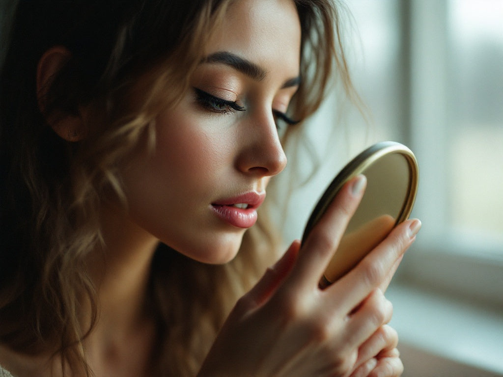Femme observant ses cils dans un miroir, avant après