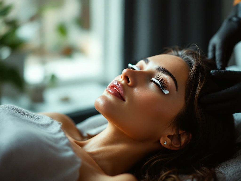 Femme pendant une permanente de cils en institut