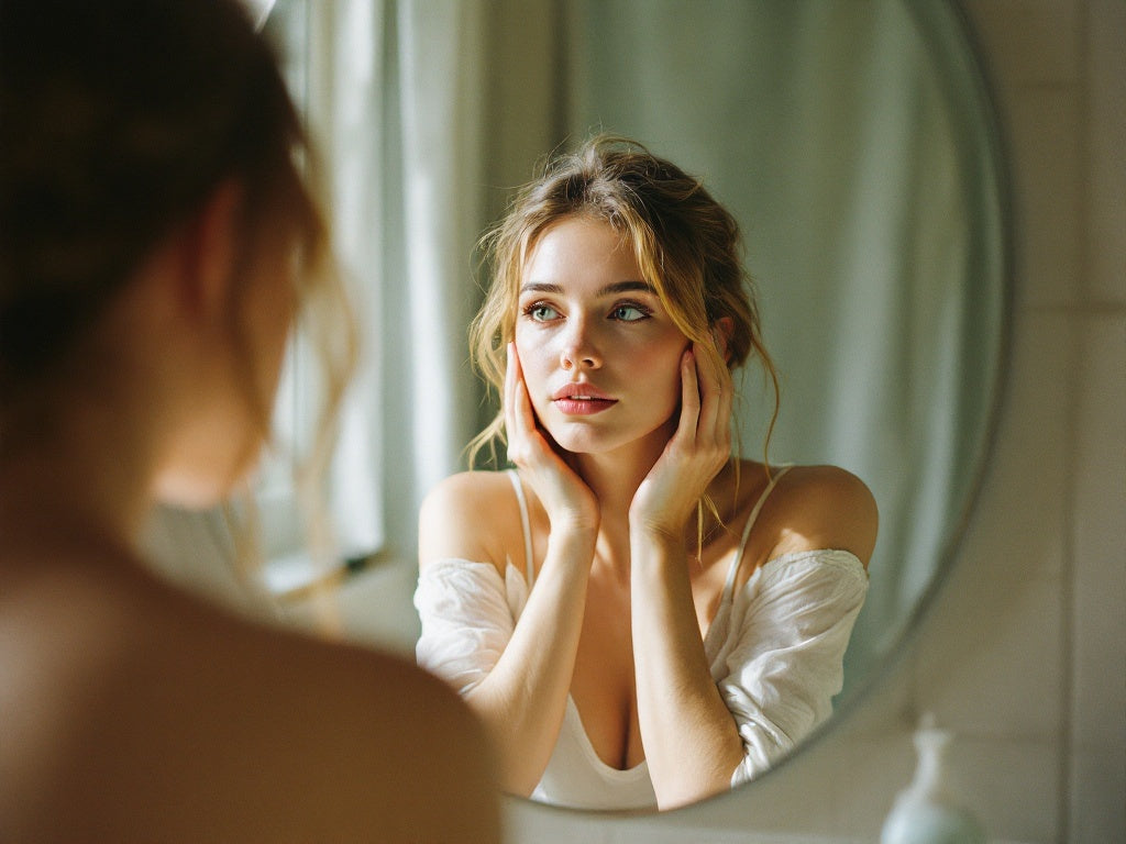 Routine du matin, femme se préparant devant son miroir